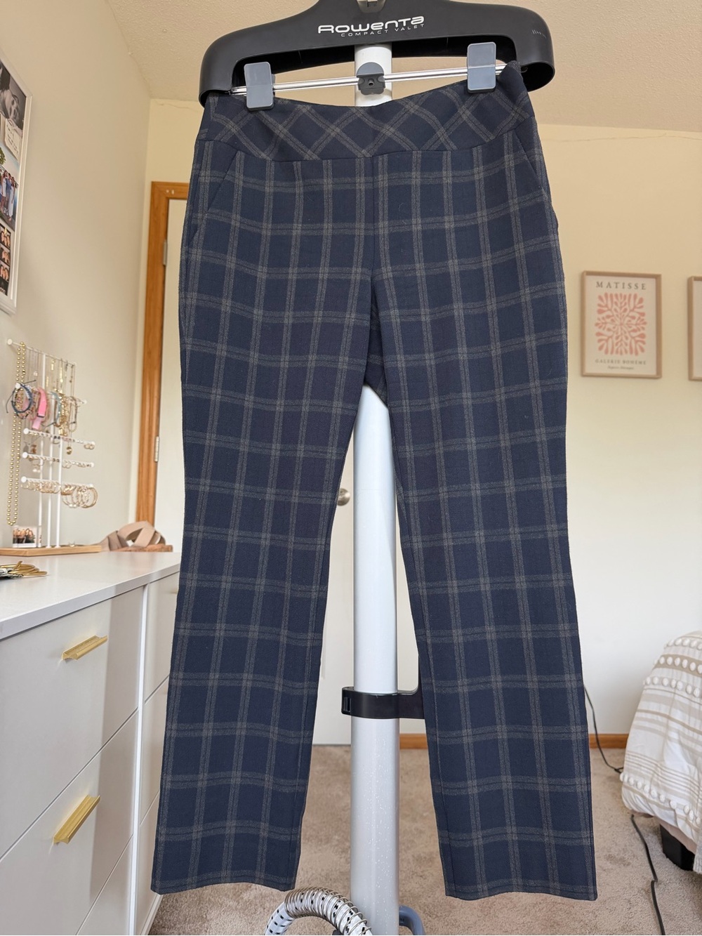 CAbi Navy and Gray Plaid Pull-On Straight Pants